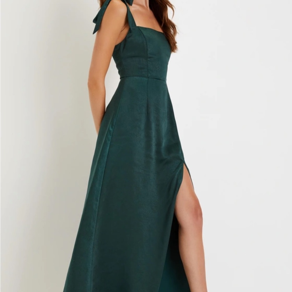 Lulu's Deep Green Tie-Shoulder Satin A-Line Gown - NWT